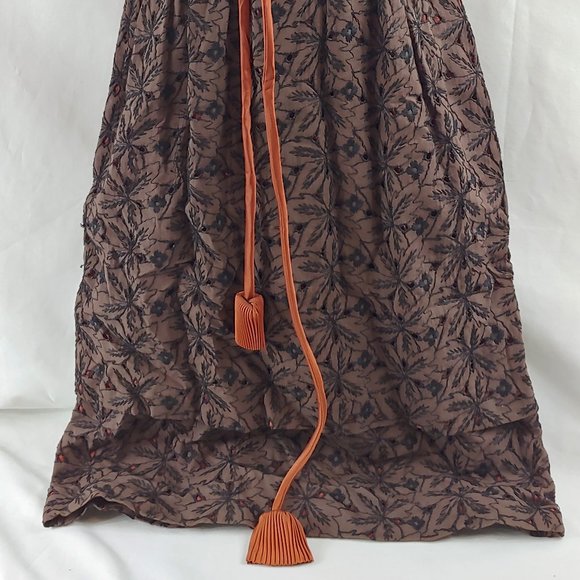 Vintage Brown and Black Floral Eyelet Dress Short Sleeve Lined with Satin Belt - Picture 3 of 15